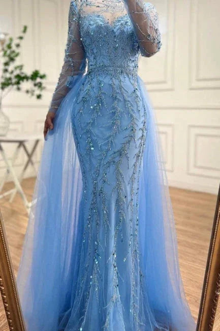 Abito da sera blu oceano lungo fino al pavimento, stile sirena, in tulle con maniche lunghe, perline e applicazioni