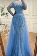 Abito da sera blu oceano lungo fino al pavimento, stile sirena, in tulle con maniche lunghe, perline e applicazioni