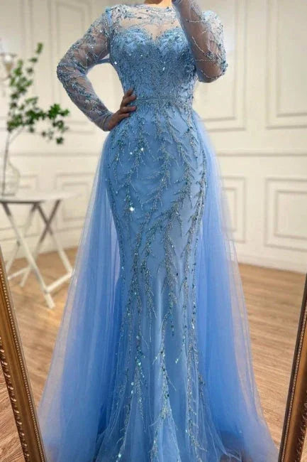 Abito da sera blu oceano lungo fino al pavimento, stile sirena, in tulle con maniche lunghe, perline e applicazioni