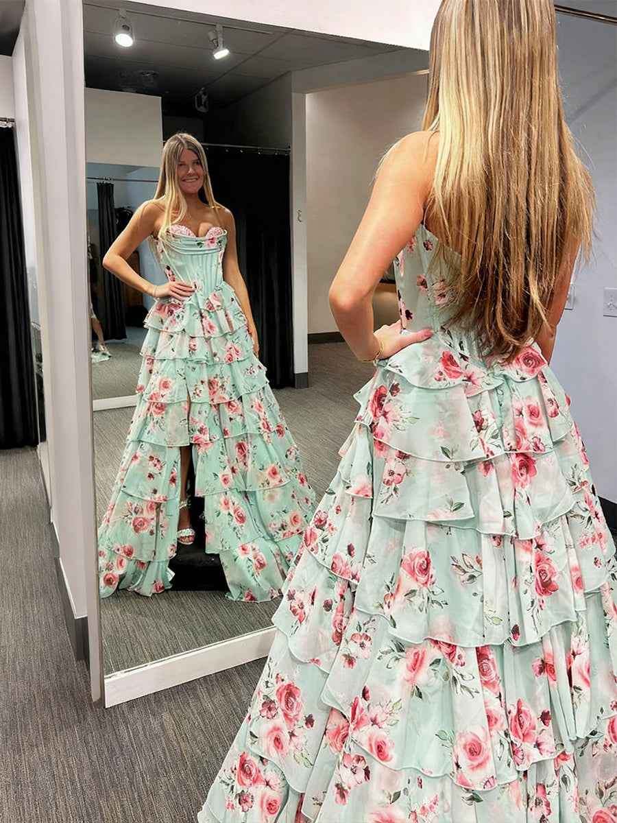 Mint Green Floral Strapless Sweetheart Tiered Chiffon Prom Dress With Train