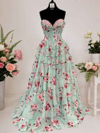 Mint Green Floral Strapless Sweetheart Tiered Chiffon Prom Dress With Train