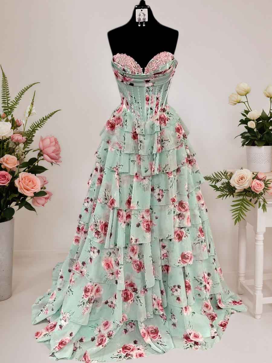 Mint Green Floral Strapless Sweetheart Tiered Chiffon Prom Dress With Train