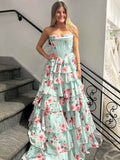 Mint Green Floral Strapless Sweetheart Tiered Chiffon Prom Dress With Train