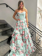 Mint Green Floral Strapless Sweetheart Tiered Chiffon Prom Dress With Train