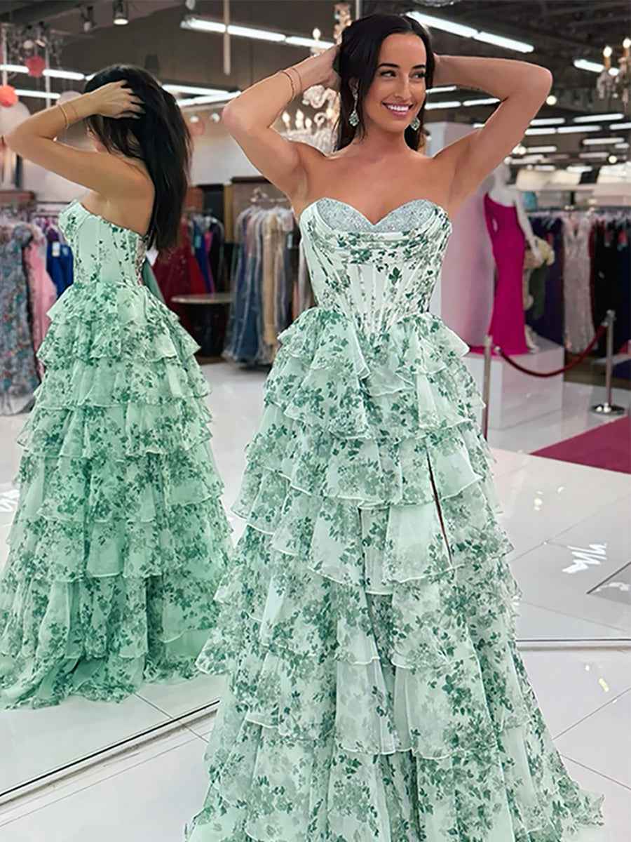 Floral Sweetheart Corset Bodice A Line Prom Dress With Slit