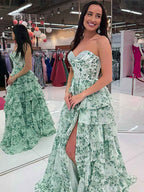 Floral Sweetheart Corset Bodice A Line Prom Dress With Slit