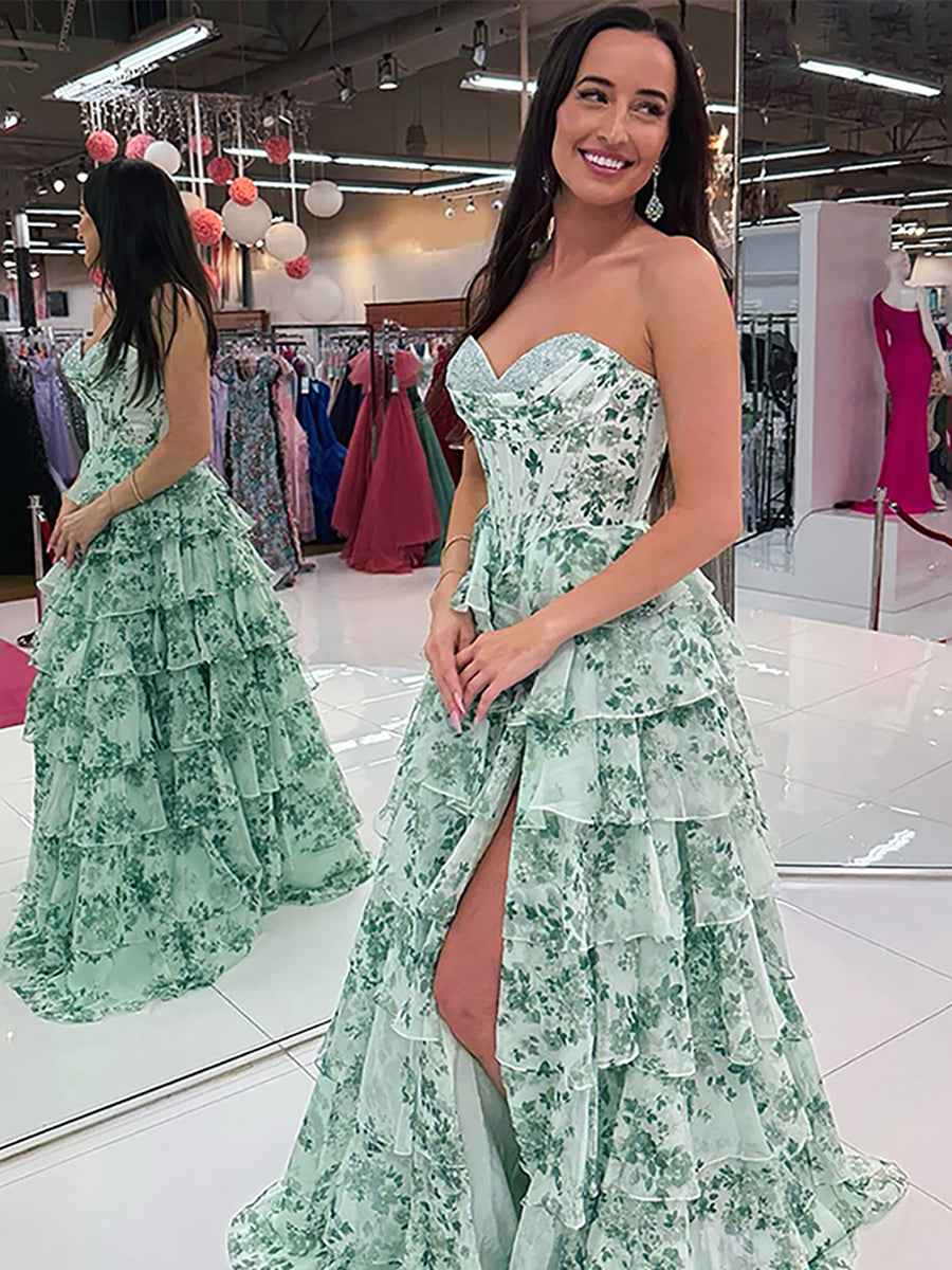 Floral Sweetheart Corset Bodice A Line Prom Dress With Slit