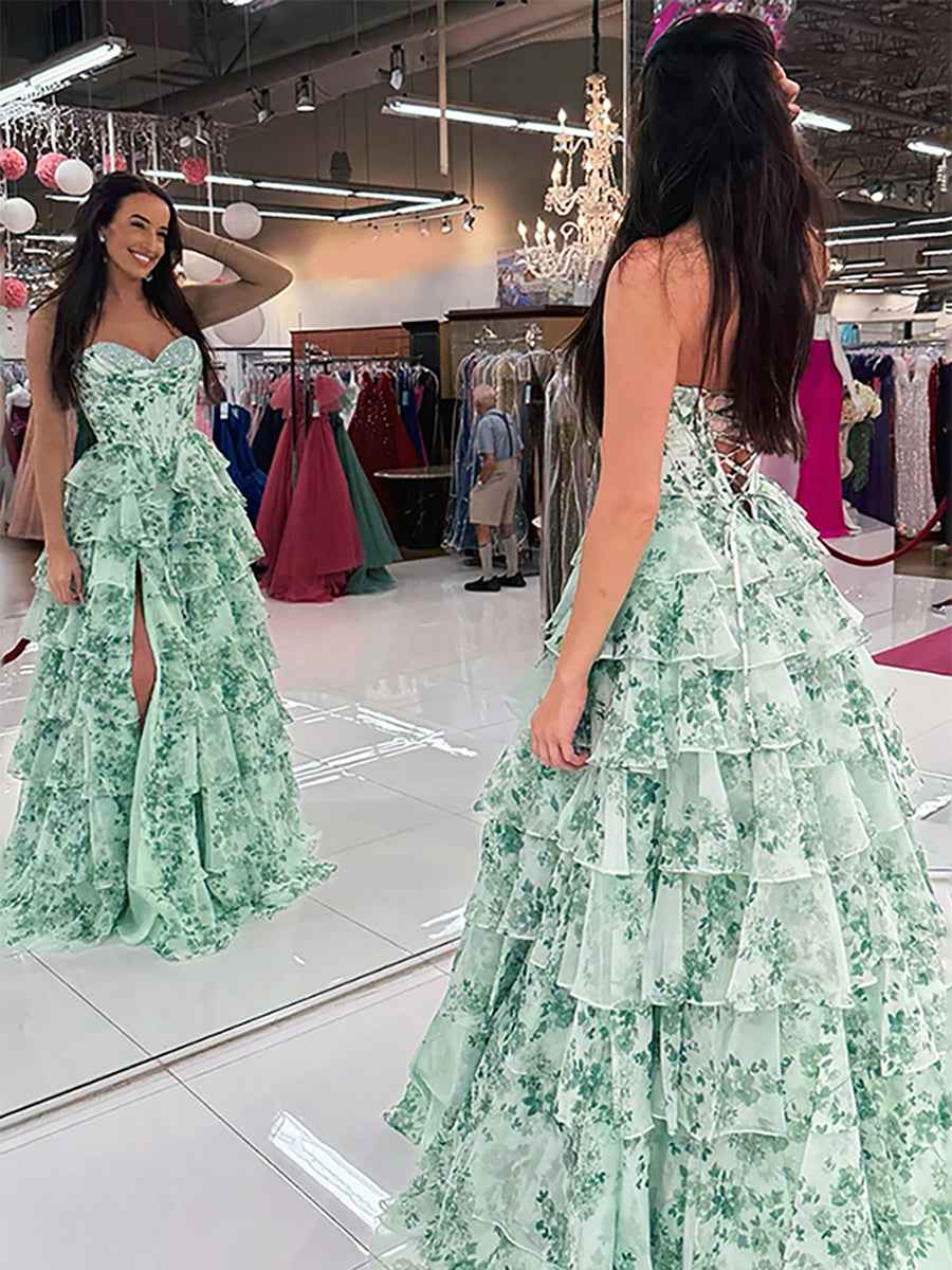Floral Sweetheart Corset Bodice A Line Prom Dress With Slit