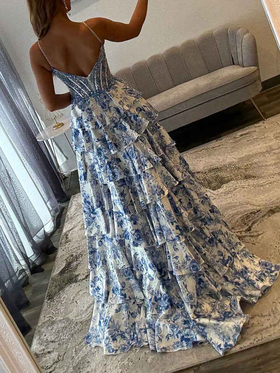 Bridal Blue Silver Beaded Corset Prom Gown With Sheer V Neck