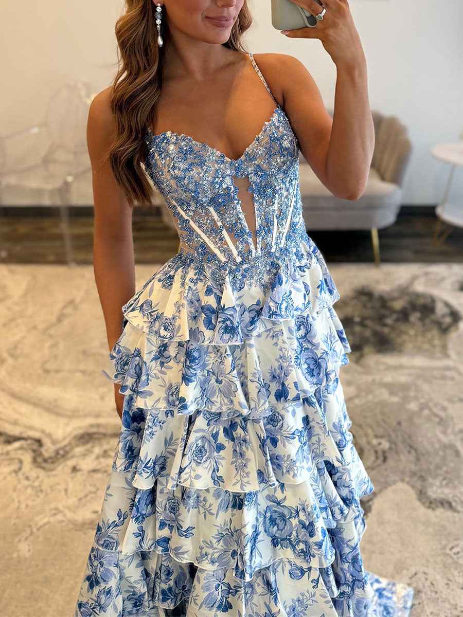 Bridal Blue Silver Beaded Corset Prom Gown With Sheer V Neck