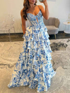 Bridal Blue Silver Beaded Corset Prom Gown With Sheer V Neck