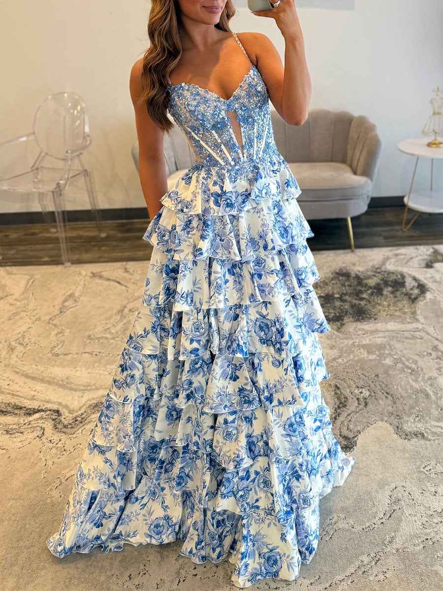 Bridal Blue Silver Beaded Corset Prom Gown With Sheer V Neck