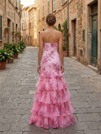 Floral Print Strapless Tiered Long Mermaid Prom Dress With Ruffles