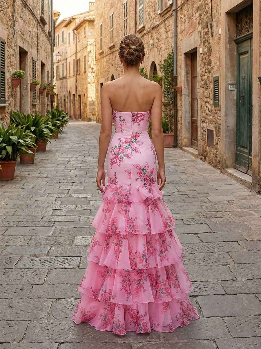 Floral Print Strapless Tiered Long Mermaid Prom Dress With Ruffles