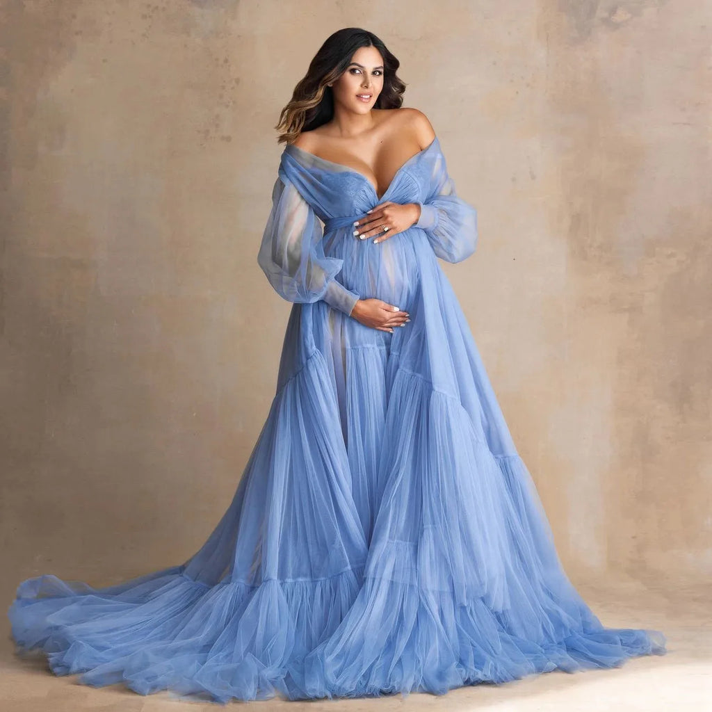 6117#Fluffy Blue Ruffle Tulle Maternity Dress for Photoshoot Off Shoulder Pregnancy Photography Dress Maternity Gown Robes with Sash
