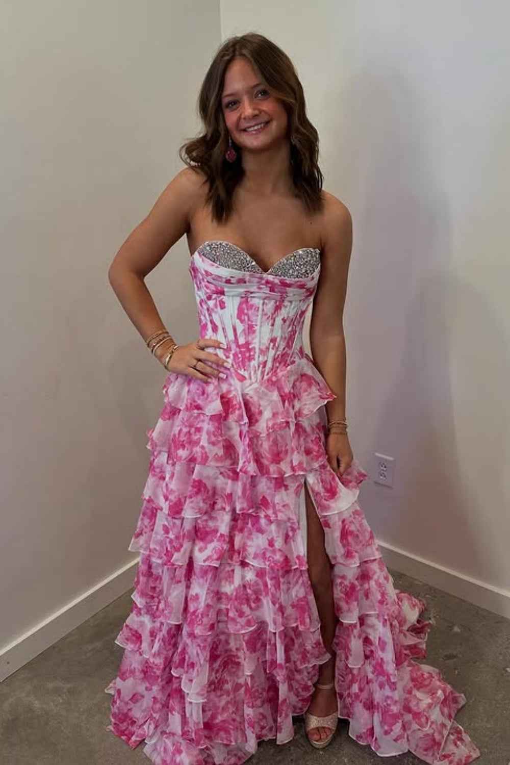 Sparkly Fuchsia Floral Sweetheart Tiered Corset Long Prom Dress