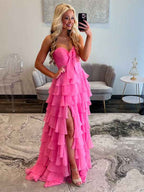 Fuchsia Plaited Sweetheart Satin Mermaid Prom Dress With Cutout
