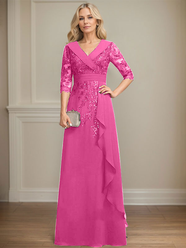 Robe de mère de la mariée en mousseline de soie à col en V, longueur au sol, ligne A, avec dentelle, paillettes et volants en cascade