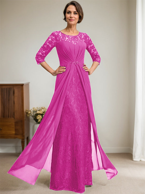 A-Linie U-Ausschnitt Illusion Bodenlang Spitzen Chiffon Mutter der Braut Kleid mit Perlenbesatz Rüschen 