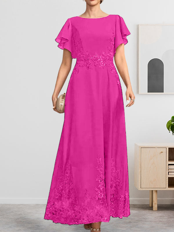 Robe de mère de la mariée en mousseline de soie à dentelle, longueur cheville, en forme trapèze avec décolleté arrondi et paillettes