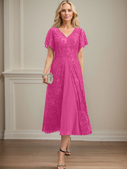 A-Linie V-Ausschnitt Wadenlanges Chiffon-Kleid für die Brautmutter 