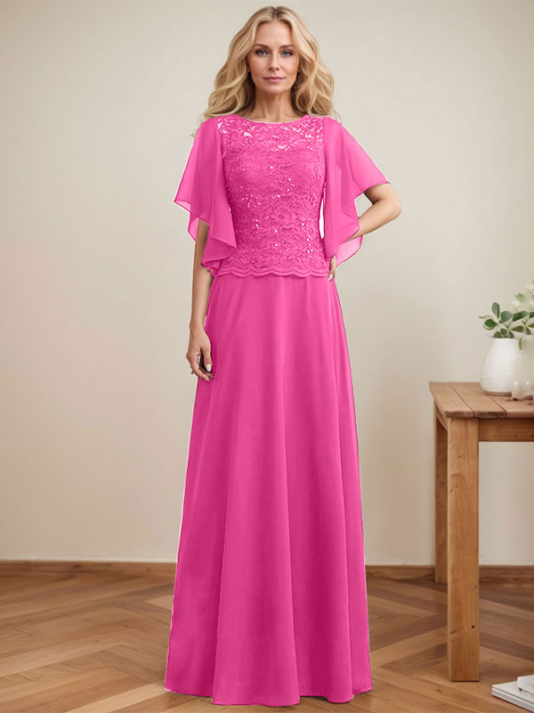 Robe de mère de la mariée en dentelle et mousseline, longueur au sol, coupe en A, décolleté illusion en forme de goutte, ornée de paillettes