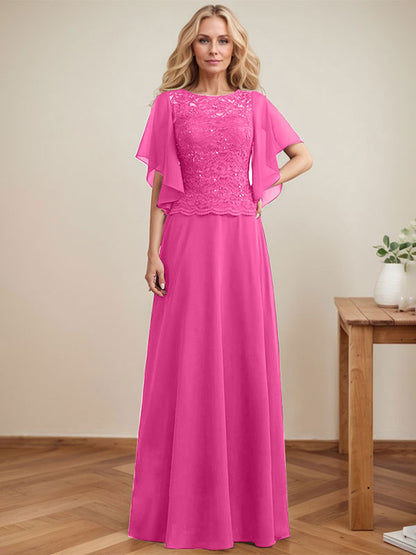 A-Linie, U-Ausschnitt, Illusion, bodenlanges Spitzen-Chiffon-Kleid für die Brautmutter mit Pailletten 