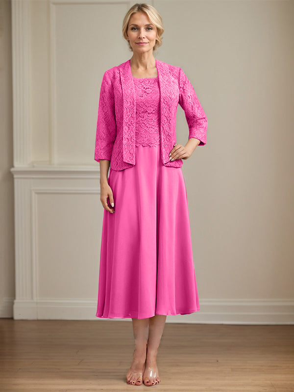 A-Linie U-Ausschnitt Wadenlang Chiffon-Kleid für die Brautmutter 