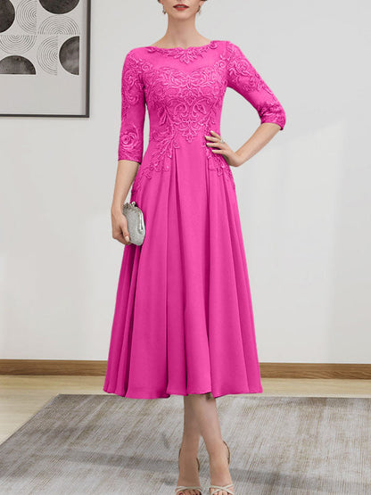 A-Linie, U-Ausschnitt, Illusion, knielang, Chiffon, Spitze, Kleid für die Brautmutter mit Perlen und Pailletten