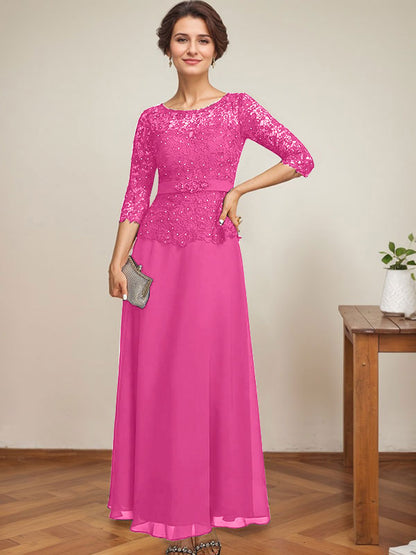 A-Linie, U-Ausschnitt, Illusion, knöchellang, Chiffon, Spitze, Kleid für die Brautmutter mit Strass-Perlen 