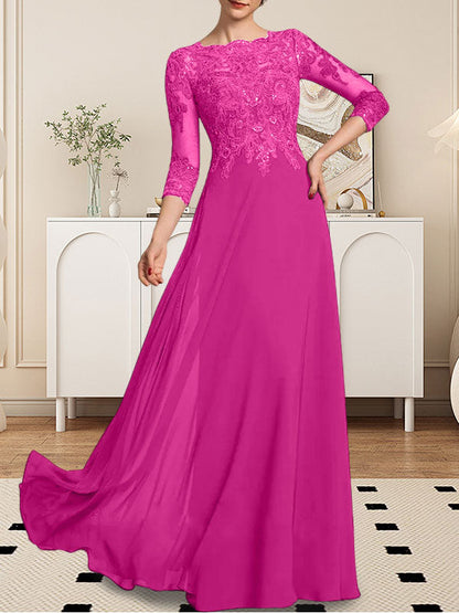 A-Linie U-Ausschnitt Bodenlang Spitzen-Chiffon-Kleid für die Brautmutter mit Pailletten