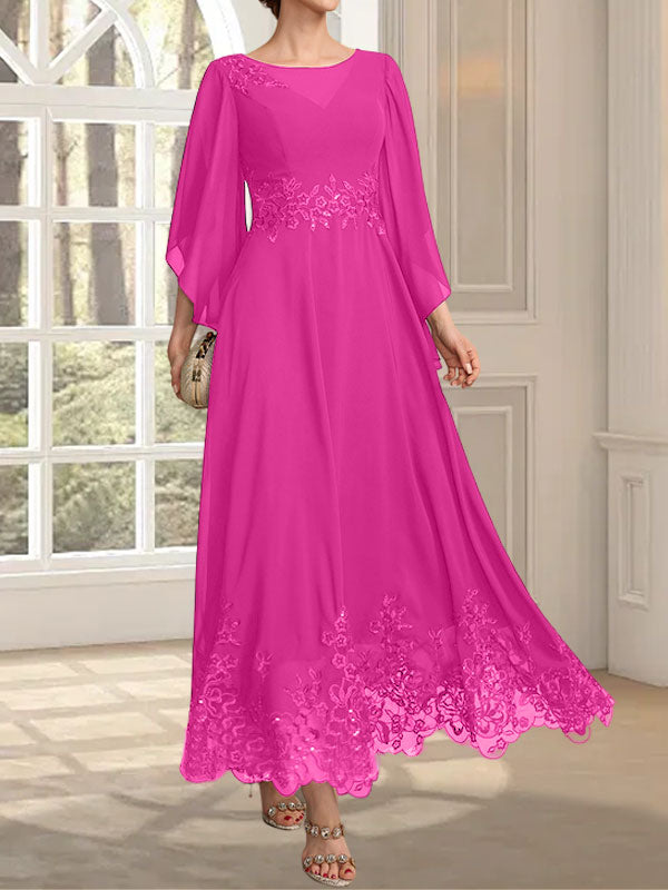 A-Linie, U-Ausschnitt, Illusion, knöchellang, Spitzen-Chiffon, Kleid für die Brautmutter mit Pailletten 