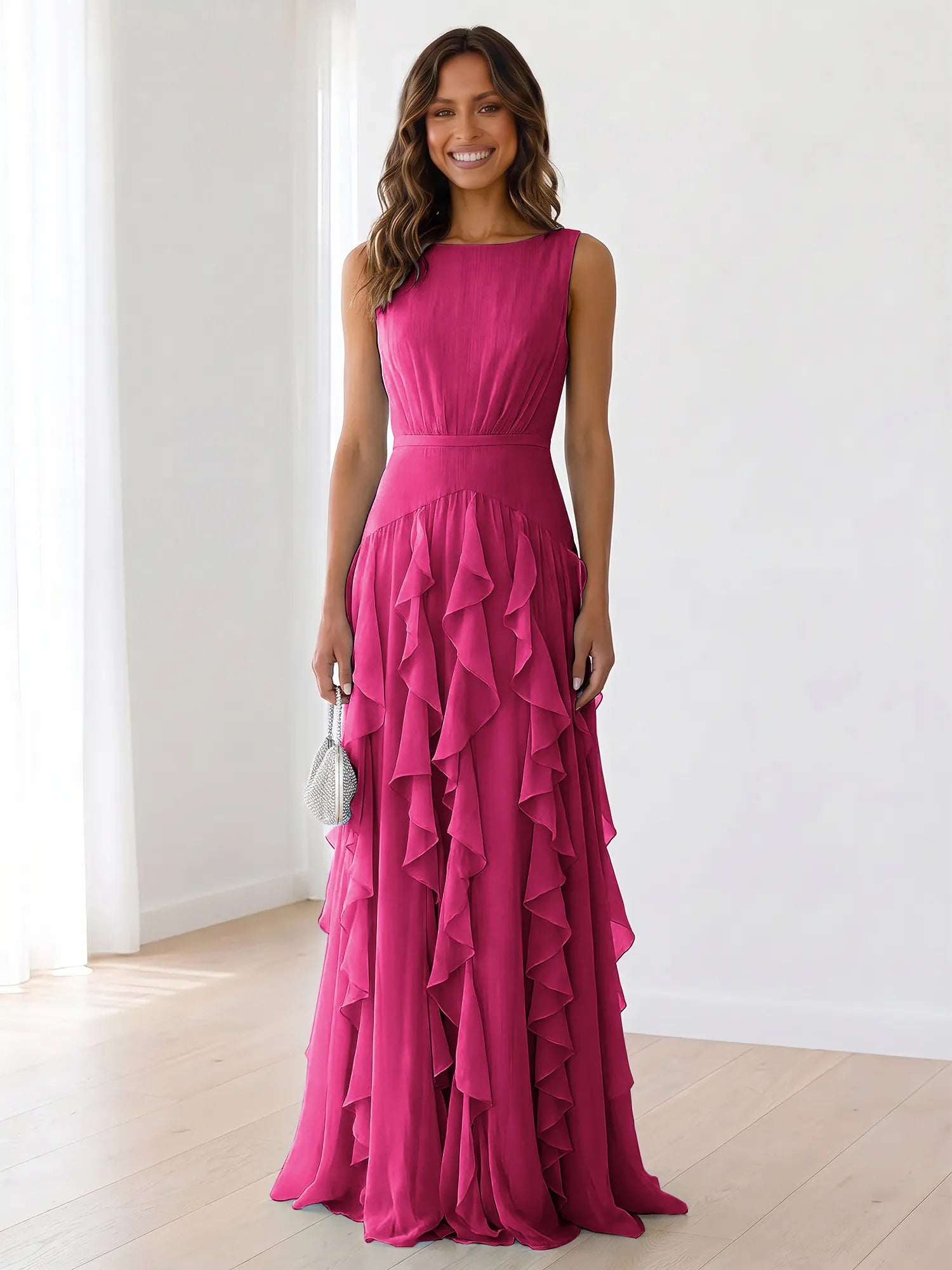 Sky Blue Tiered Chiffon Evening Maxi Dress With Ruched Bodice