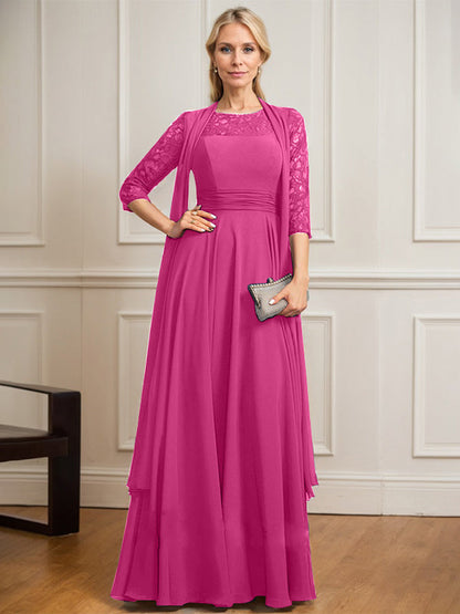 A-Linie U-Ausschnitt Illusion Bodenlang Spitze Chiffon Mutter der Braut Kleid Mit Plissee 
