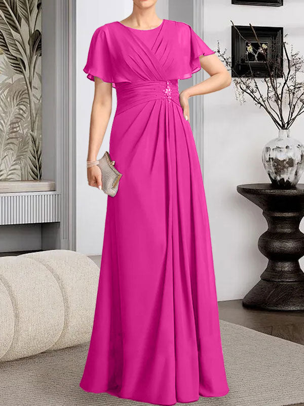 Robe de mère de la mariée en mousseline, longueur au sol, en ligne A, décolleté arrondi, ornée de perles plissées