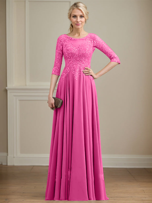 A-Linie, U-Ausschnitt, Illusion, bodenlanges Spitzen-Chiffon-Kleid für die Brautmutter mit Pailletten 