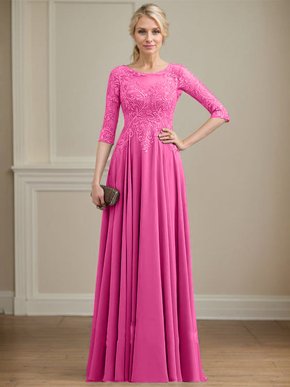 A-Linie, U-Ausschnitt, Illusion, bodenlanges Spitzen-Chiffon-Kleid für die Brautmutter mit Pailletten 