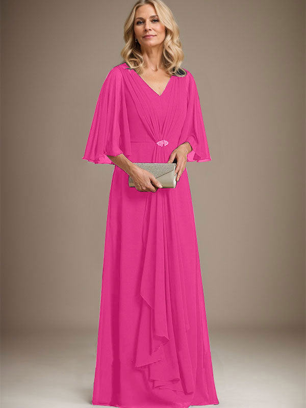 A-line V-Neck Floor-Length Chiffon Mother of the Bride Dress With Cascading Ruffles Crystal Brooch