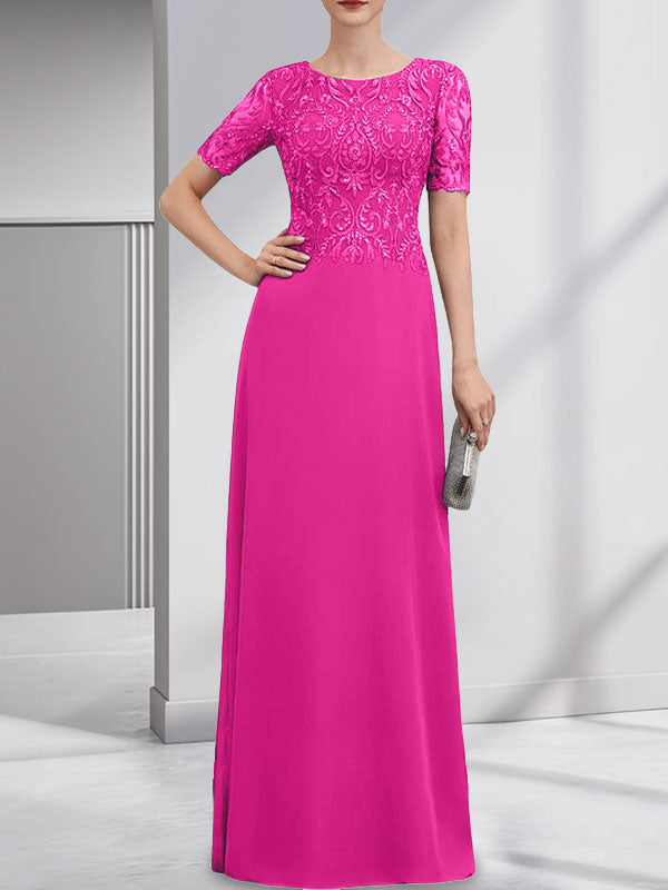 A-Linie U-Ausschnitt Bodenlang Spitzen-Chiffon-Kleid für die Brautmutter mit Pailletten