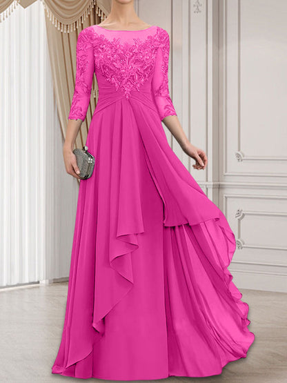 A-Linie, U-Ausschnitt, Illusion, bodenlanges Chiffon-Kleid für die Brautmutter mit kaskadierenden Rüschen