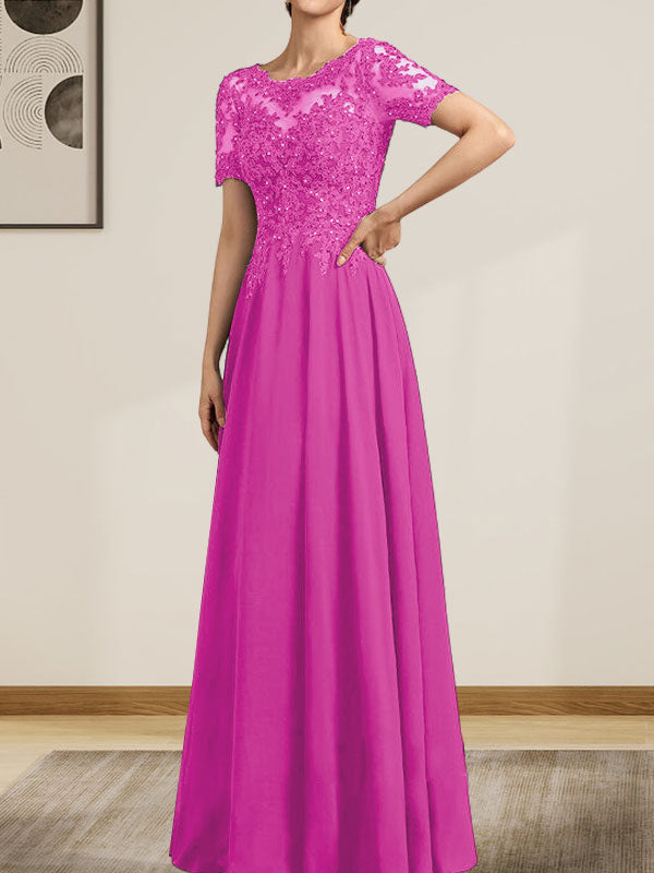 A-Linie U-Ausschnitt Illusion Bodenlang Chiffon Spitze Mutter der Braut Kleid mit Pailletten Perlen