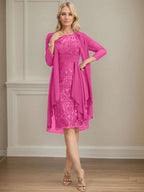 Abito da madre della sposa in pizzo e chiffon con gonna a colonna a effetto illusion fino al ginocchio, con balze a cascata e paillettes