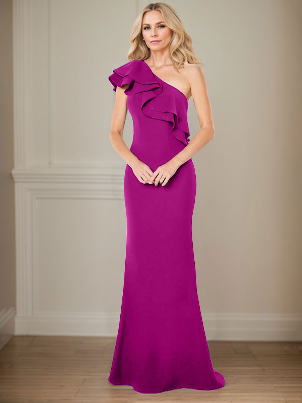 Robe de mère de la mariée en mousseline, longueur au sol, coupe en A, à une épaule avec volants