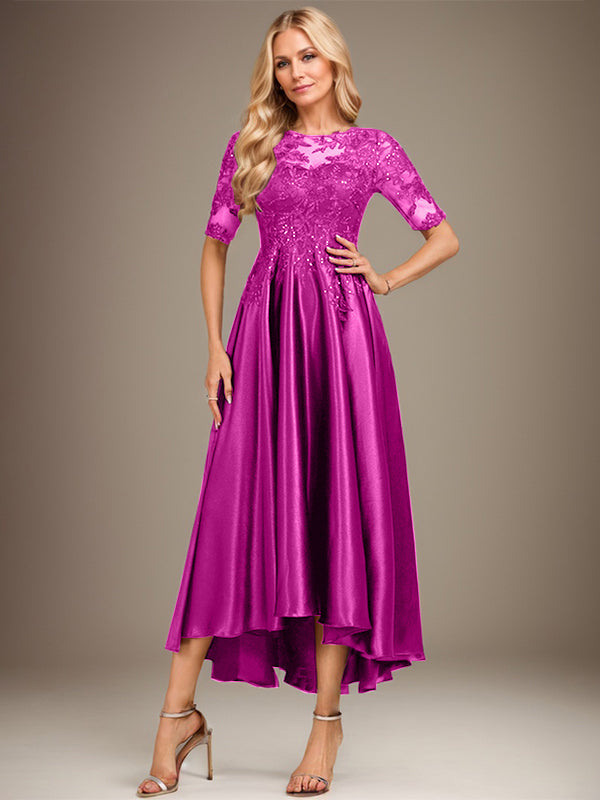 A-Linie, U-Ausschnitt, Illusion, asymmetrisch, Stretch-Satin, Spitze, Kleid für die Brautmutter mit Pailletten 