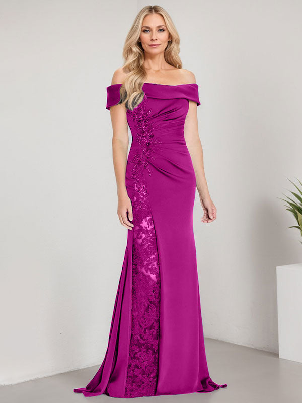 Robe de mère de la mariée longue jusqu'au sol, ligne A, épaules dénudées, appliques et perles, robe sirène avec fente haute