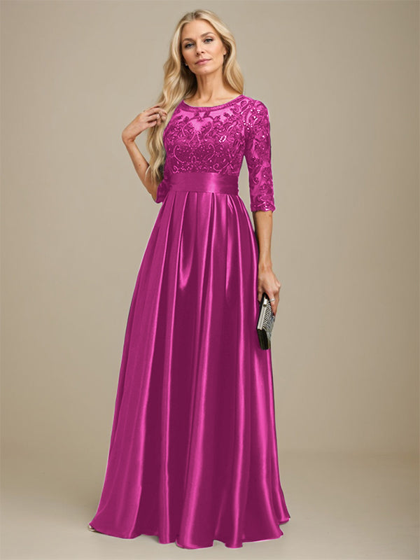 A-line Scoop Illusion Floor-Length Stretch Satin Lace Mother of the Bride Dress With Bow Sequins
