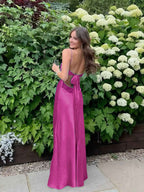 Blue A Line V Neck Beaded Back Tie Long Prom Dress