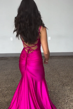Blue Satin Long Mermaid Prom Dress With Spaghetti Straps Backless Deep V Neck