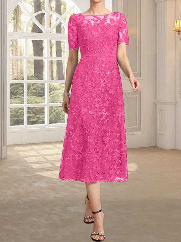 A-Linie, U-Ausschnitt, Illusion, knielang, Spitze, Kleid für die Brautmutter mit Pailletten