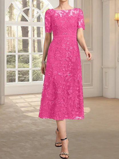A-Linie, U-Ausschnitt, Illusion, knielang, Spitze, Kleid für die Brautmutter mit Pailletten